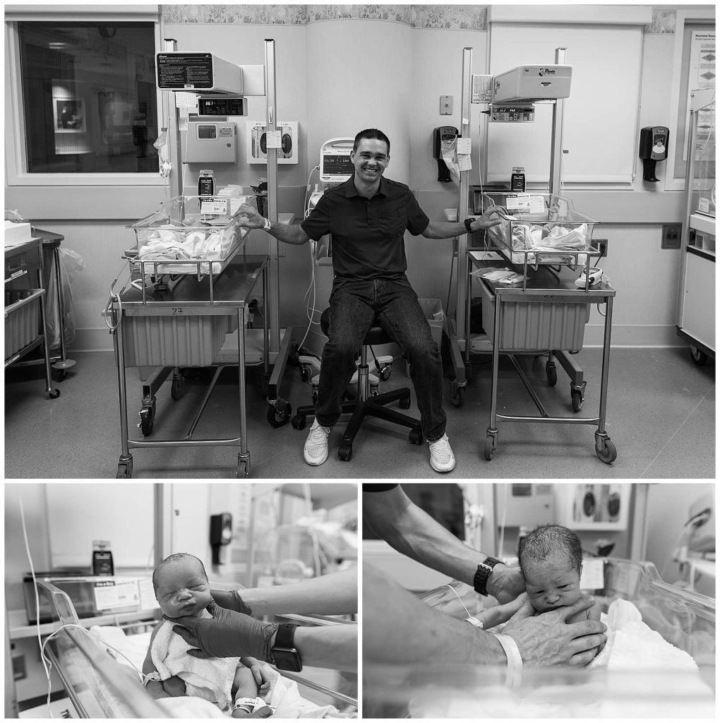Twin-Birth-pictures-baby-boys-with-dad-sitting-down-holding-onto-the-hospital-bassinetts-Why is birth photography so expensive