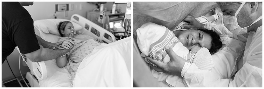 cesarean-section-birth-with-mom-and-dad-looking-at-new-baby-girl-and-dad-holding-moms-had-as-she-labors